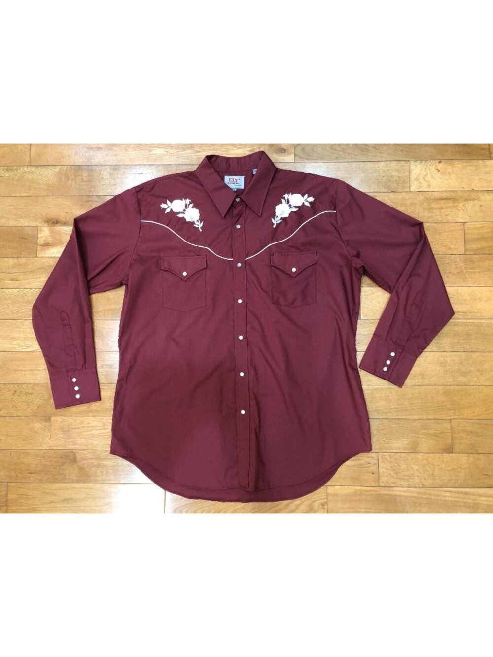 Vintage Ely Diamond Western Shirt XL Burgundy Floral Embroidered Cowboy Rodeo